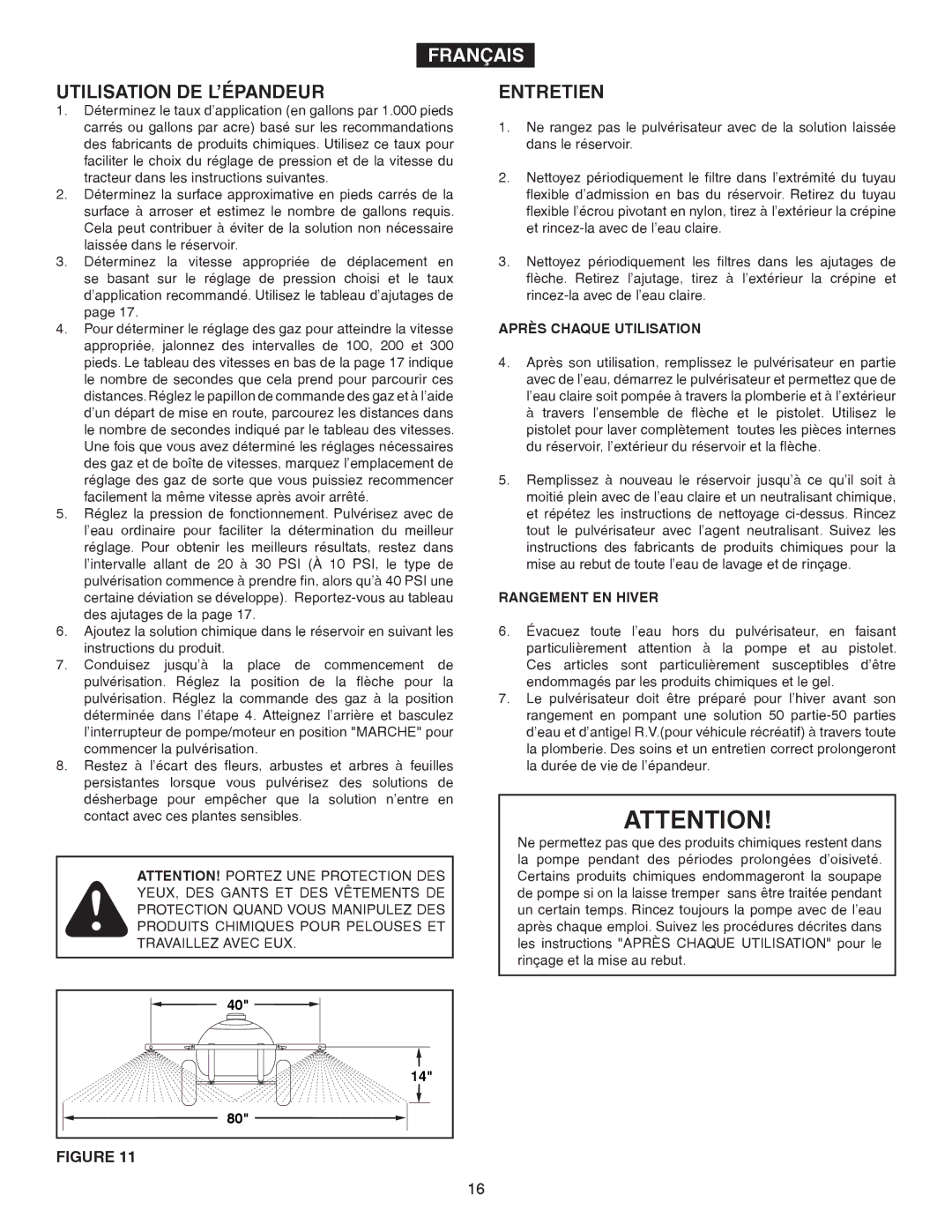 Agri-Fab 45-02932 owner manual Utilisation DE L’ÉPANDEUR, Entretien, Après Chaque Utilisation, Rangement EN Hiver 