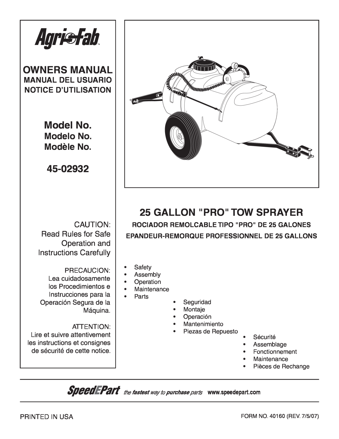 Agri-Fab 45-02932 owner manual Modelo No Modèle No, owners manual, Model No, Gallon Pro Tow Sprayer 