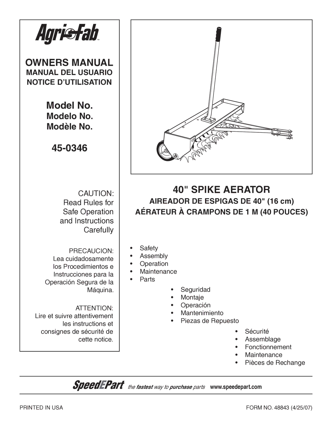 Agri-Fab 45-0346 owner manual Spike Aerator 