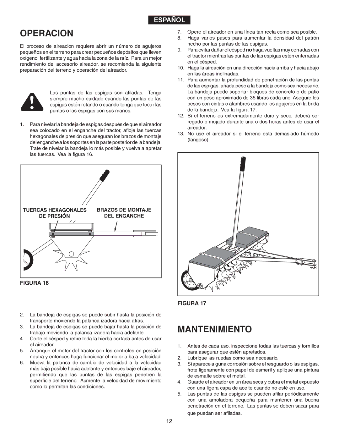 Agri-Fab 45-0346 owner manual Operacion, Mantenimiento, Nylock 