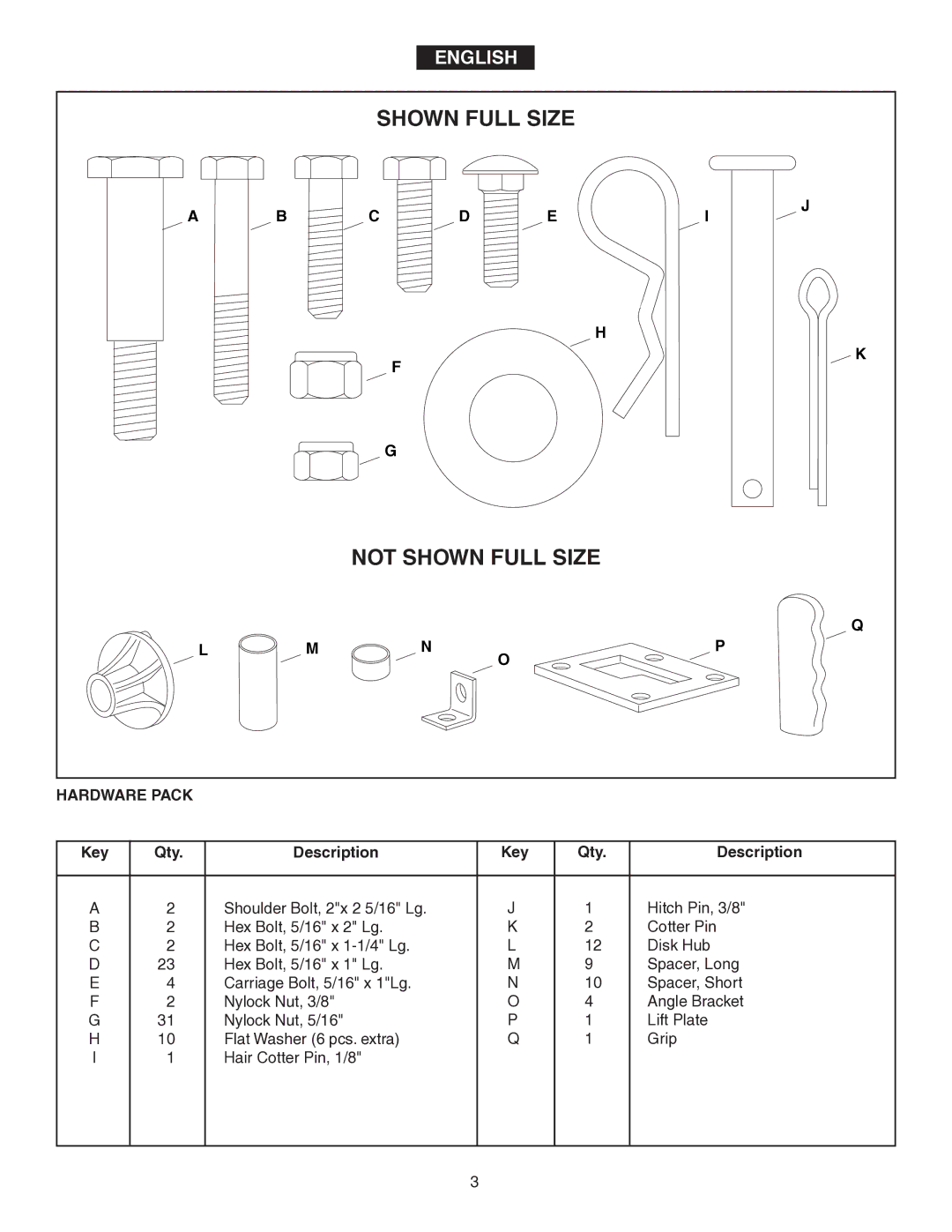 Agri-Fab 45-0346 owner manual Shown Full Size Not Shown Full Size, Hardware Pack 