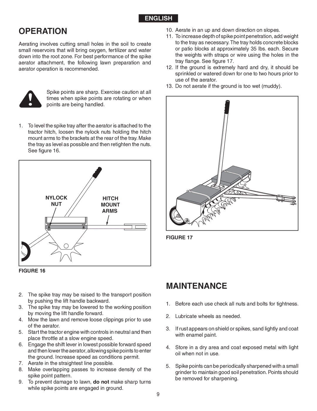 Agri-Fab 45-0346 owner manual Operation, Maintenance, Nylock Hitch NUT Mount Arms 