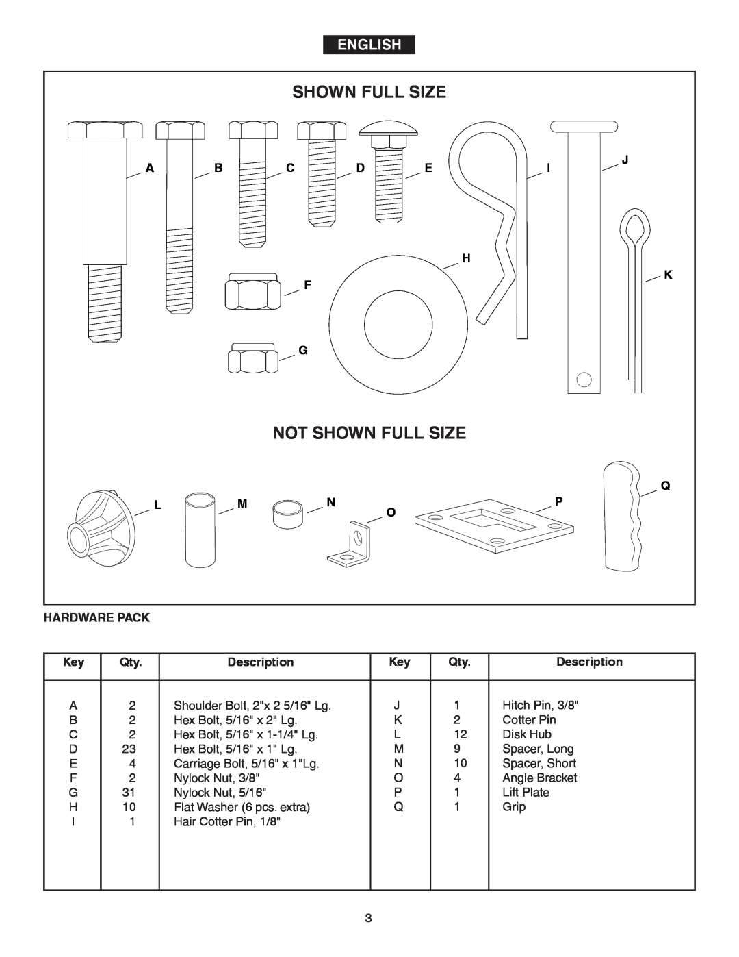 Agri-Fab 45-0346 owner manual Not Shown Full Size, English, Hardware Pack, Description 
