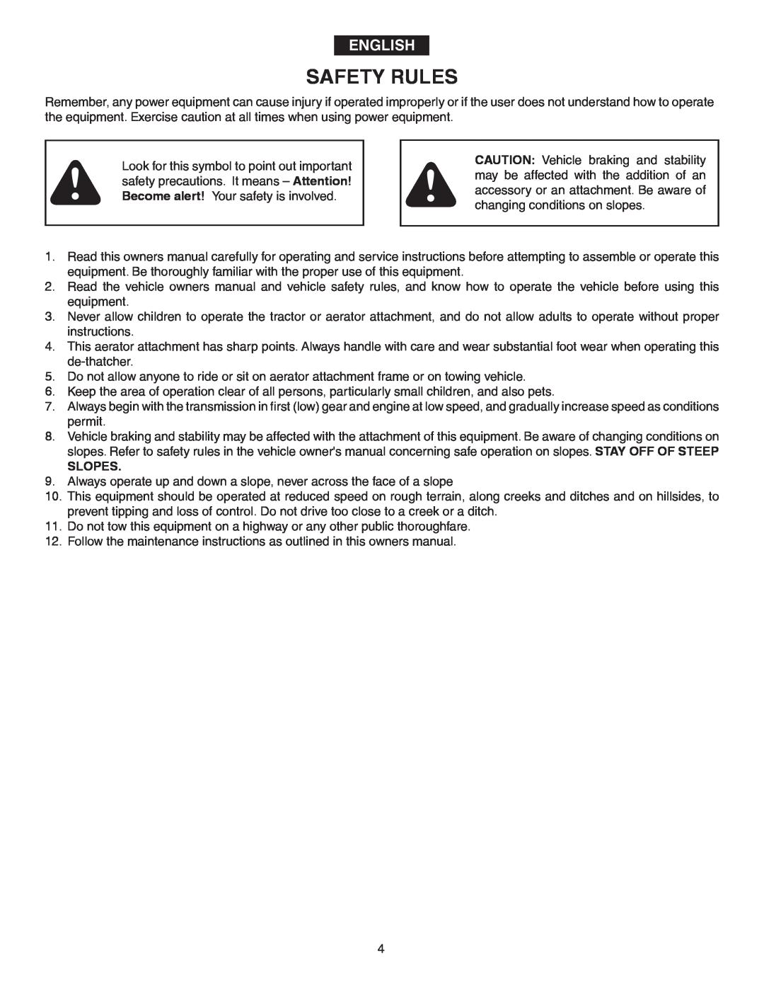 Agri-Fab 45-0346 owner manual Safety Rules, English, Slopes 
