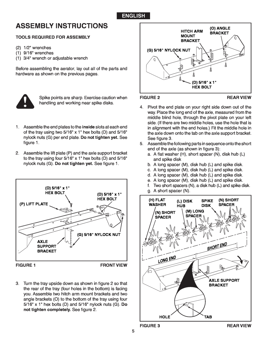 Agri-Fab 45-0346 owner manual Assembly Instructions, English, Tools Required For Assembly, Front View, Rear View 