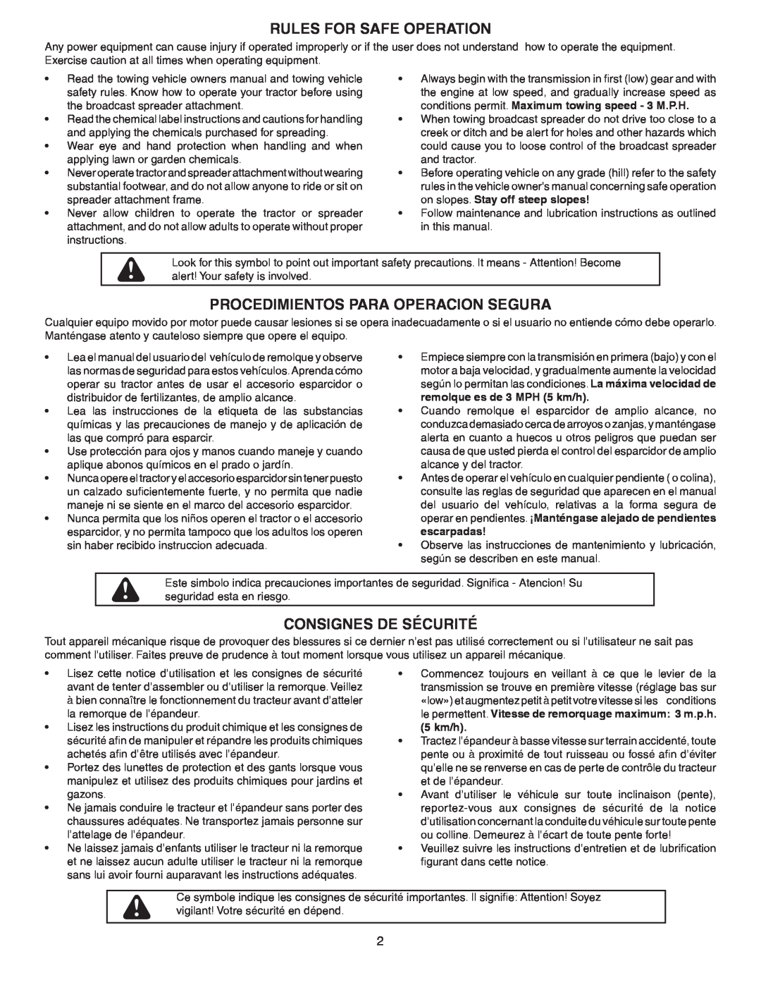 Agri-Fab 45-0410 owner manual Rules For Safe Operation, Procedimientos Para Operacion Segura, Consignes De Sécurité 
