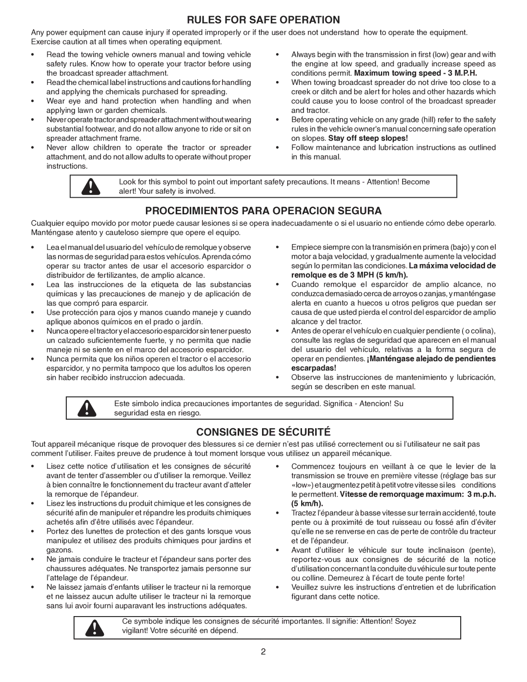 Agri-Fab 45-0410 owner manual Rules for Safe Operation, Procedimientos Para Operacion Segura, Consignes DE Sécurité 