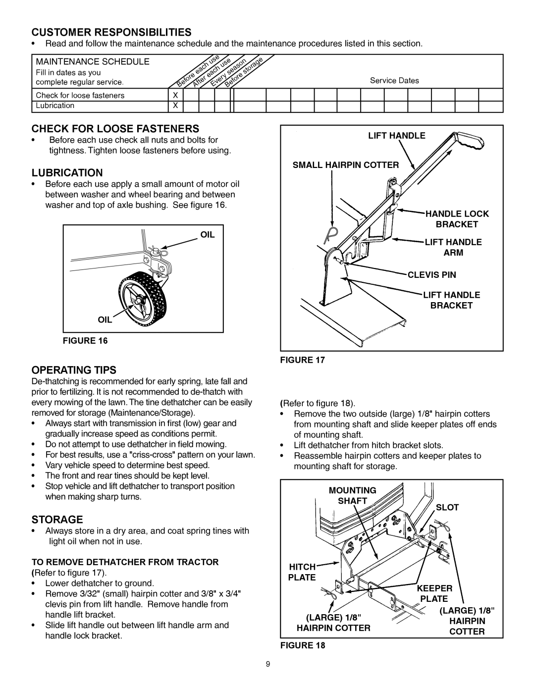 Agri-Fab 45-0438 manual Customer Responsibilities, Check for Loose Fasteners, Lubrication, Operating Tips, Storage 