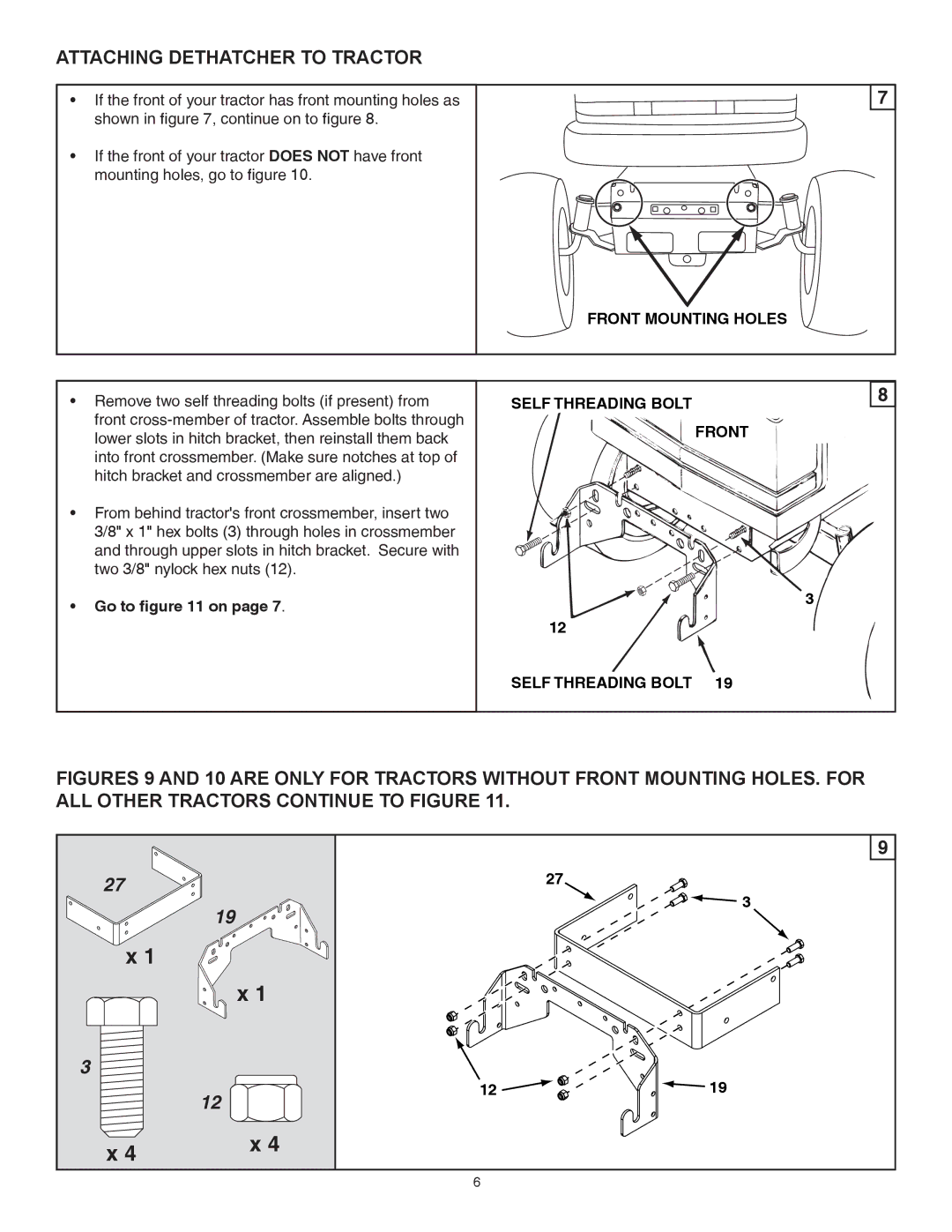 Agri-Fab 45-0438 manual Attaching Dethatcher to Tractor, Front Mounting Holes, Self Threading Bolt Front 