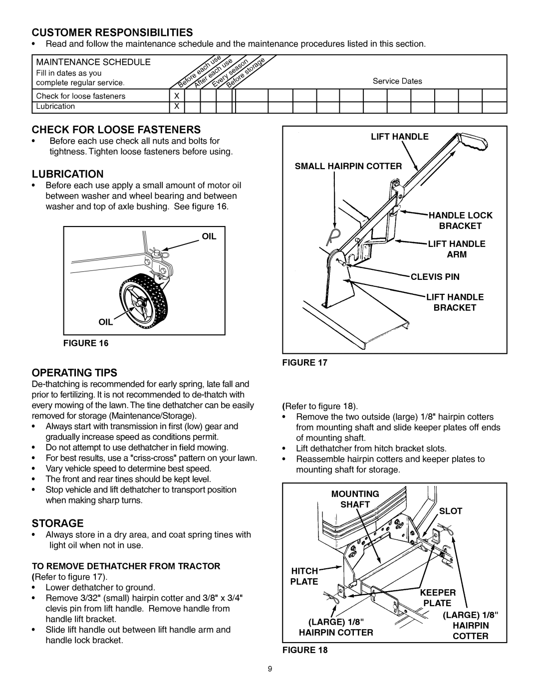 Agri-Fab 45-0438 manual Customer Responsibilities, Check For Loose Fasteners, Lubrication, Operating Tips, Storage, Figure 