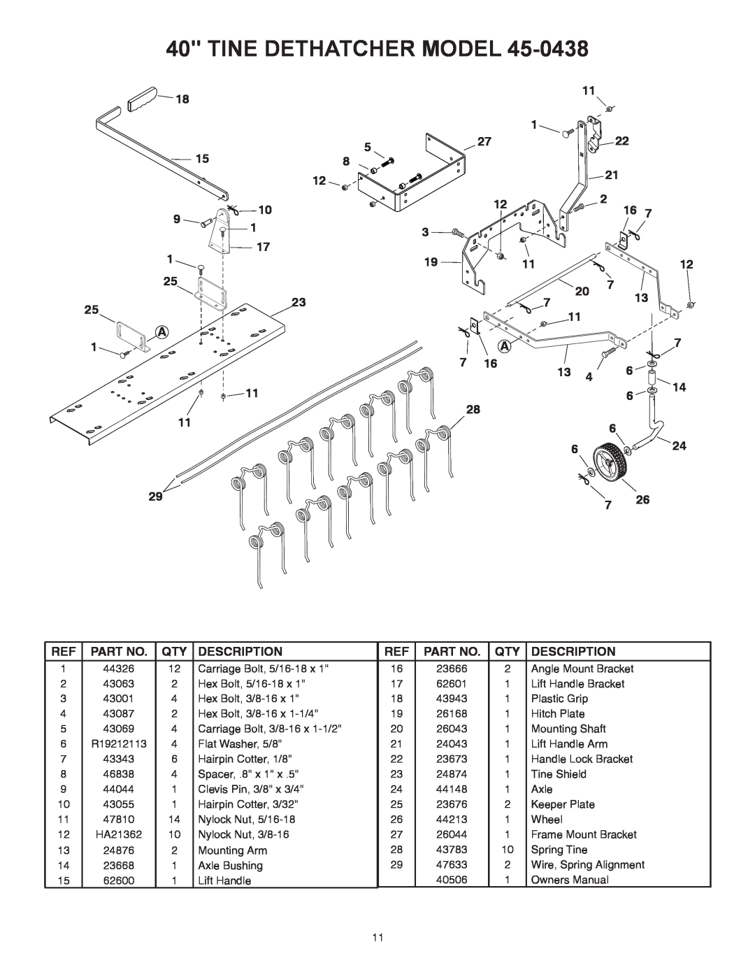 Agri-Fab 45-0438 manual Tine Dethatcher Model 