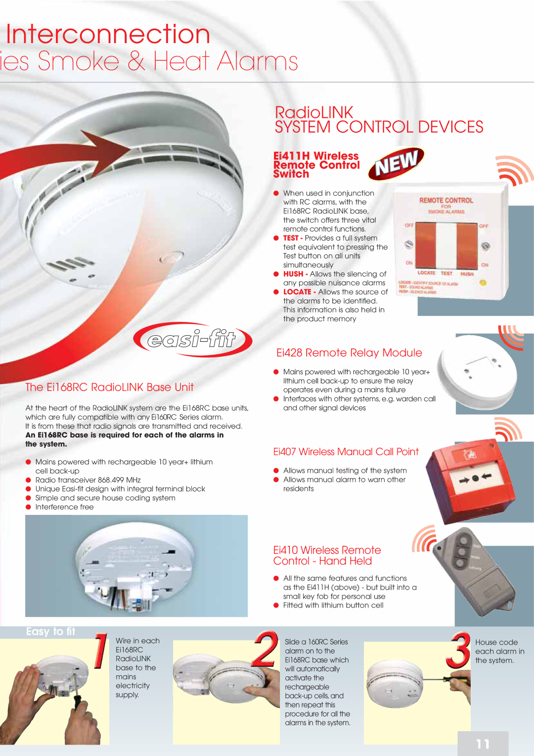 Aico 160 Series manual Interconnection Ies Smoke & Heat Alarms, System Control Devices, Ei168RC RadioLINK Base Unit 