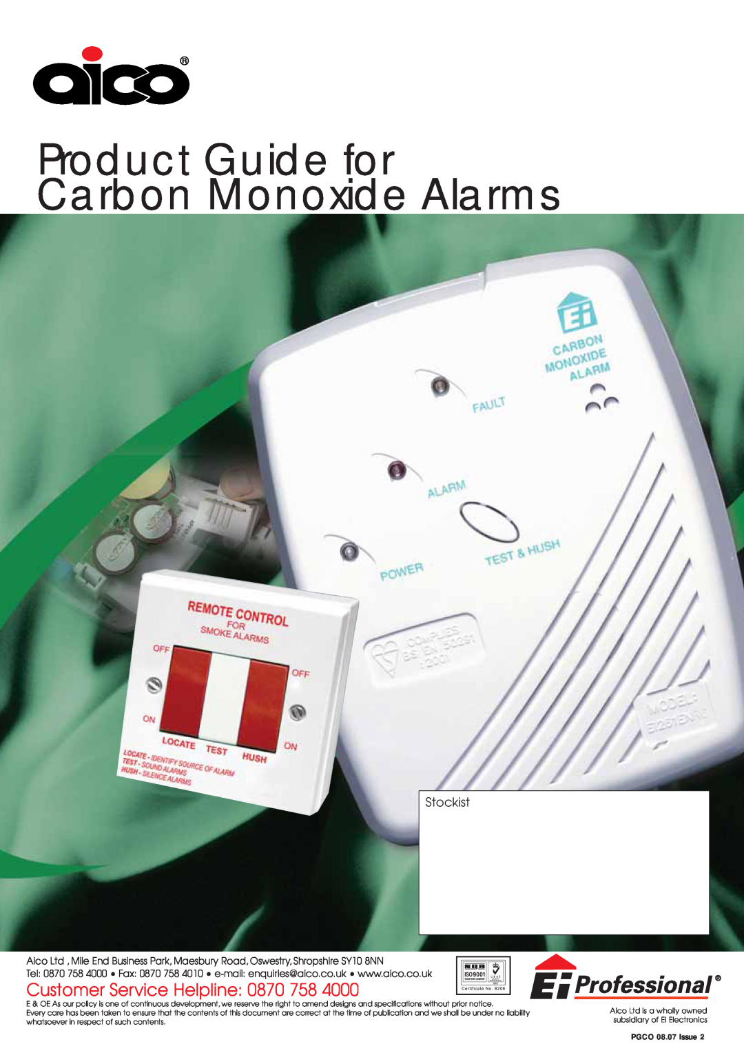 Aico 260 Series Product Guide for Carbon Monoxide Alarms, Customer Service Helpline 0870 758, Stockist, PGCO 08.07 Issue 