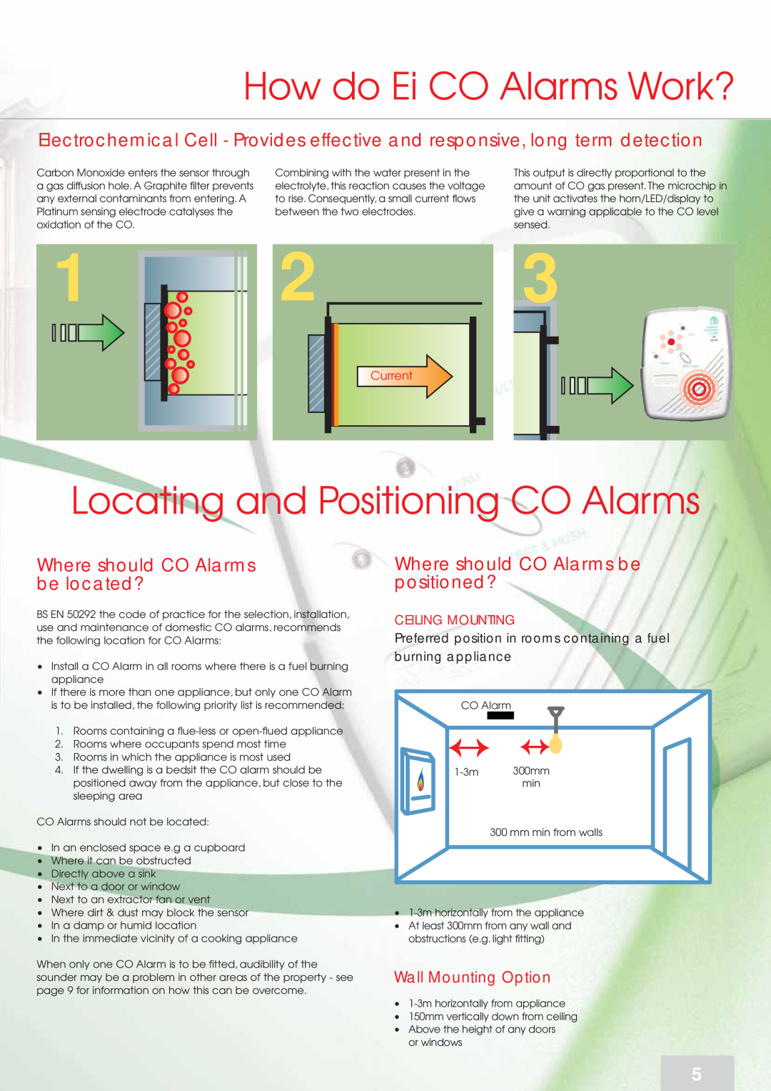 Aico 260 Series How do Ei CO Alarms Work?, Locating and Positioning CO Alarms, Where should CO Alarms be located?, Current 