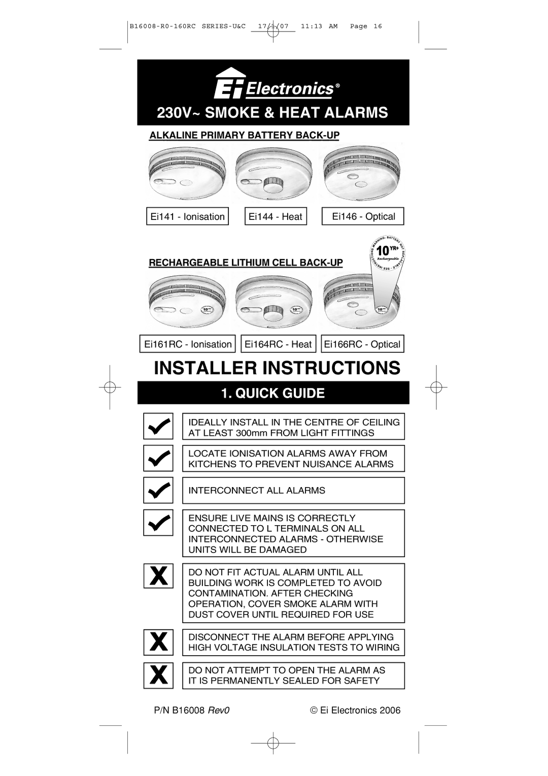 Aico Ei166RC, Ei164RC, Ei168RC, Ei161RC manual Installer Instructions 