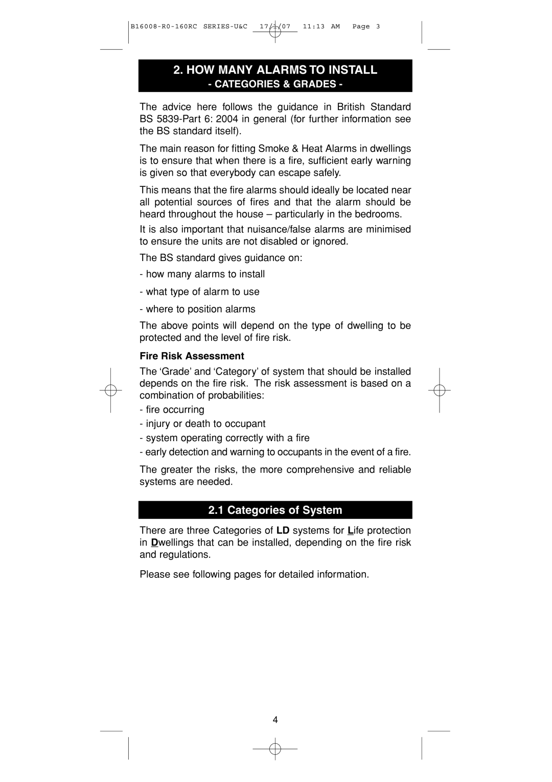 Aico Ei161RC, Ei166RC, Ei164RC, Ei168RC manual Categories of System, Fire Risk Assessment 