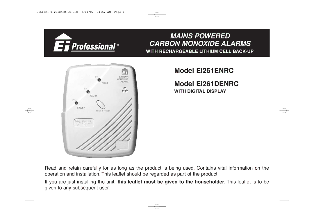 Aico Ei261ENRC, Ei261DENRC manual Mains Powered Carbon Monoxide Alarms 