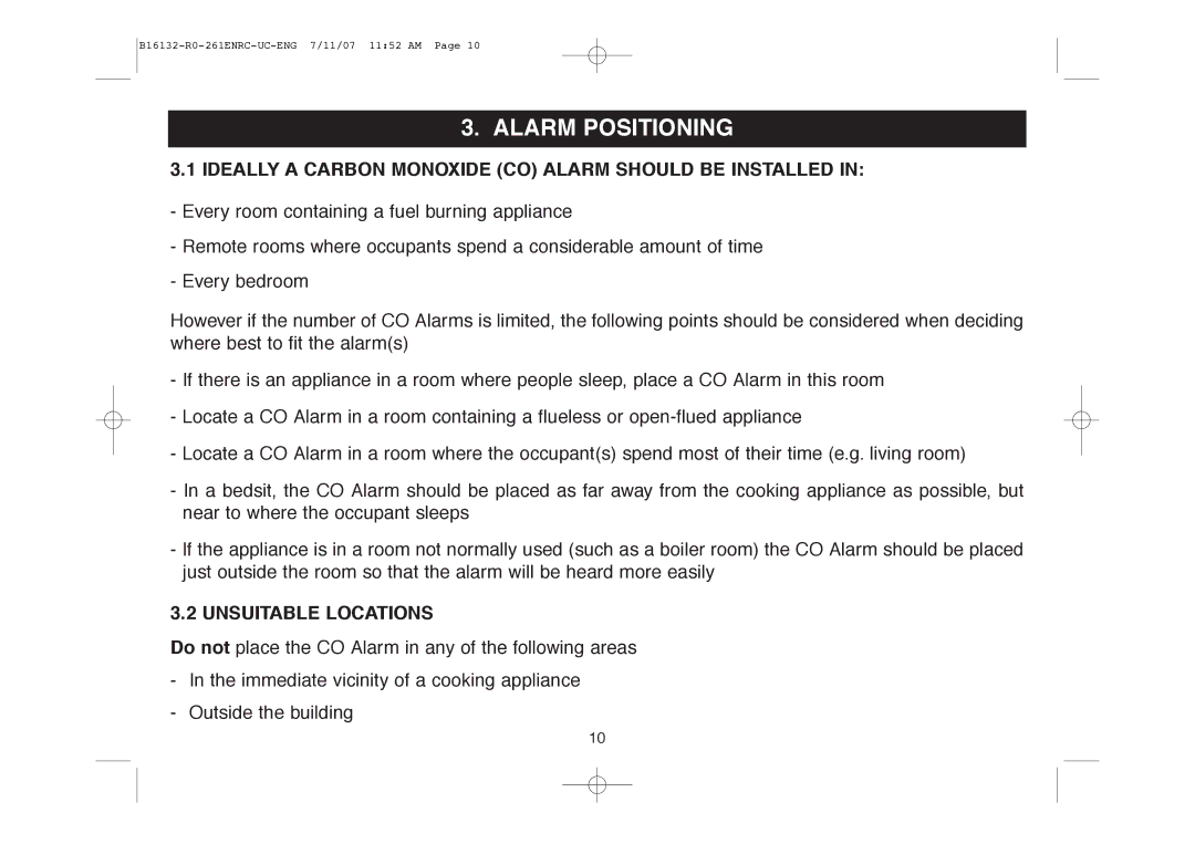 Aico Ei261DENRC, Ei261ENRC Alarm Positioning, Ideally a Carbon Monoxide CO Alarm should be Installed, Unsuitable Locations 