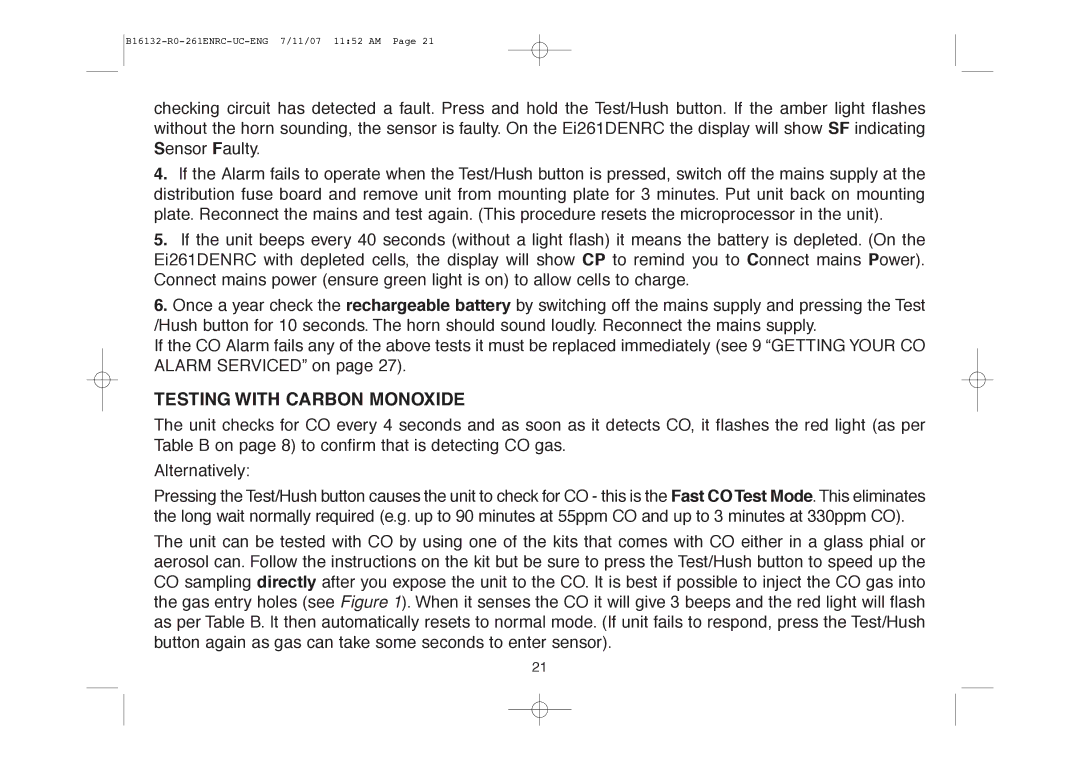 Aico Ei261ENRC, Ei261DENRC manual Testing with Carbon Monoxide 