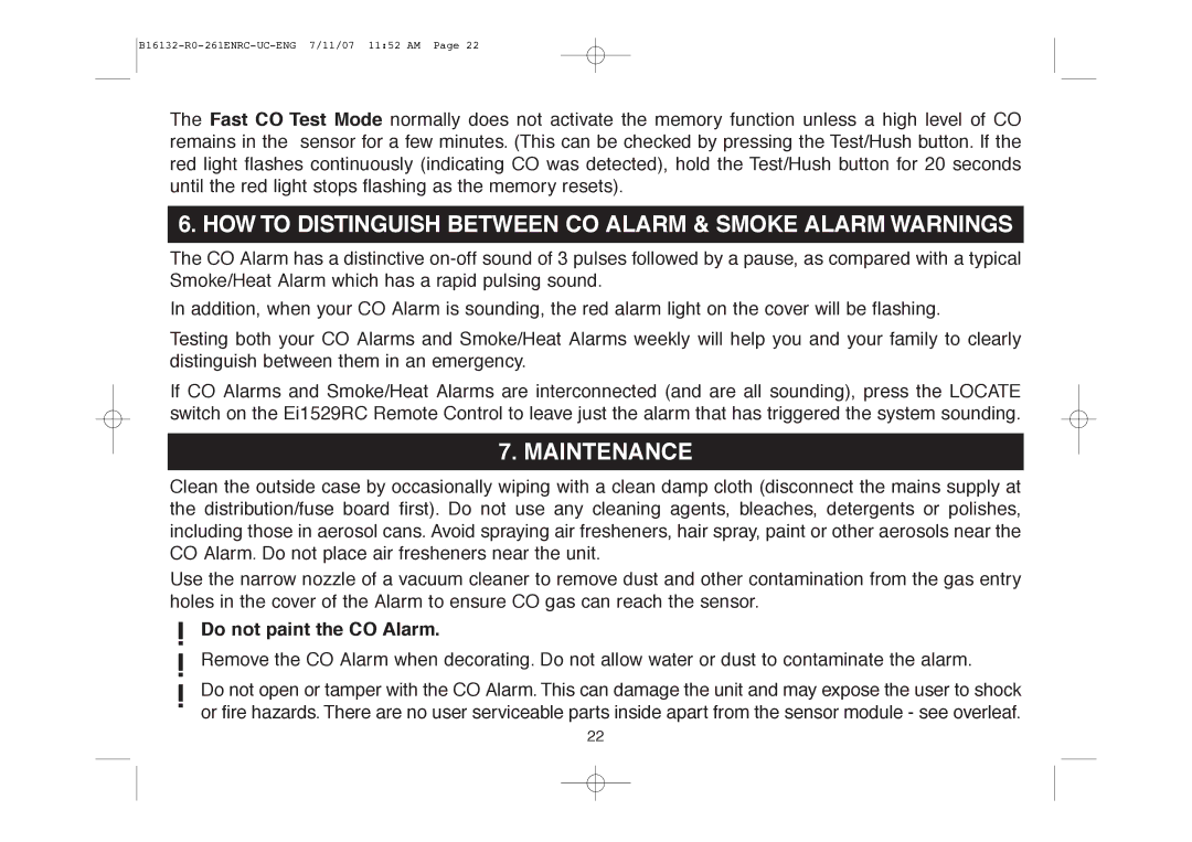 Aico Ei261DENRC manual HOW to Distinguish Between CO Alarm & Smoke Alarm Warnings, Maintenance, Do not paint the CO Alarm 