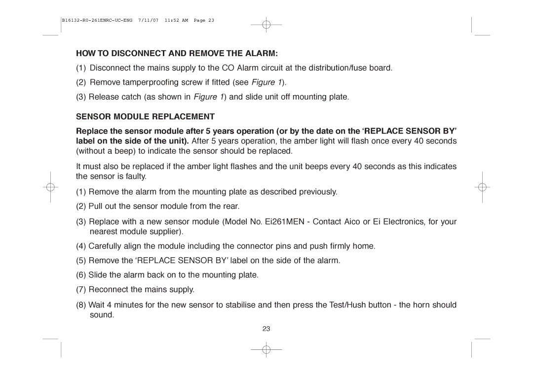 Aico Ei261ENRC, Ei261DENRC manual HOW to Disconnect and Remove the Alarm, Sensor Module Replacement 