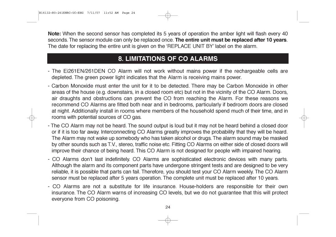 Aico Ei261DENRC, Ei261ENRC manual Limitations of CO Alarms 