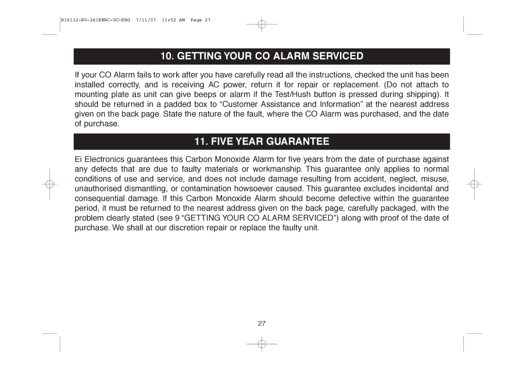 Aico Ei261ENRC, Ei261DENRC manual Getting Your CO Alarm Serviced, Five Year Guarantee 