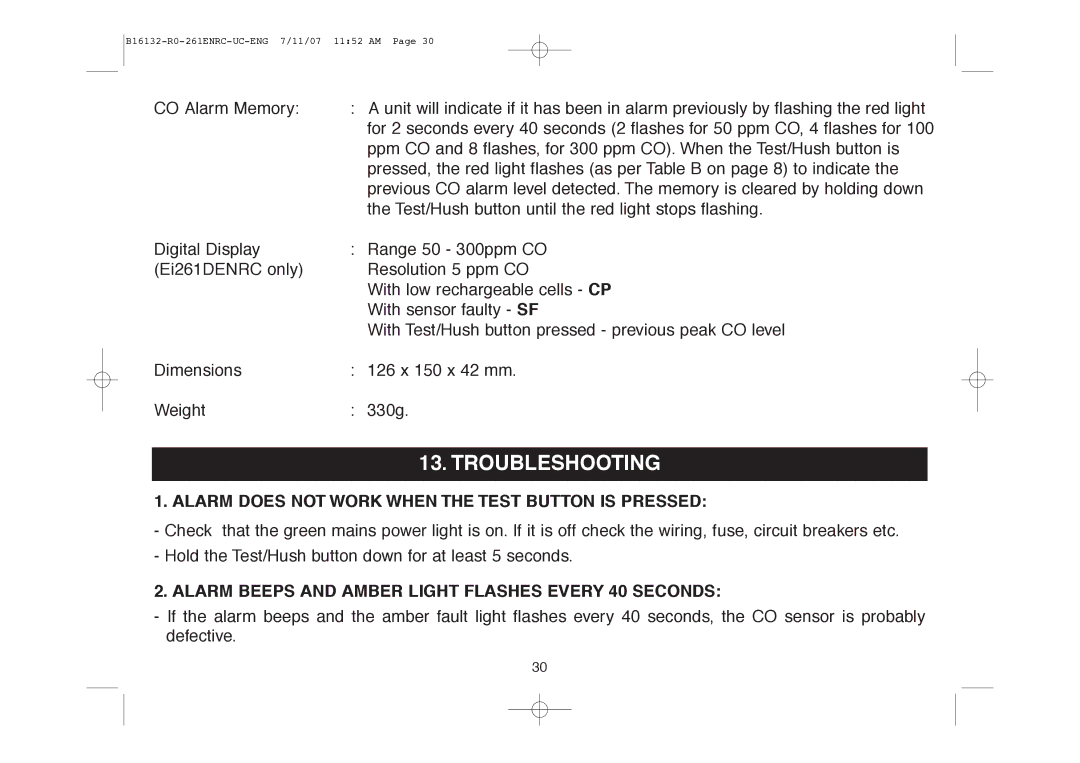 Aico Ei261DENRC, Ei261ENRC manual Troubleshooting, Alarm does not Work When the Test Button is Pressed 