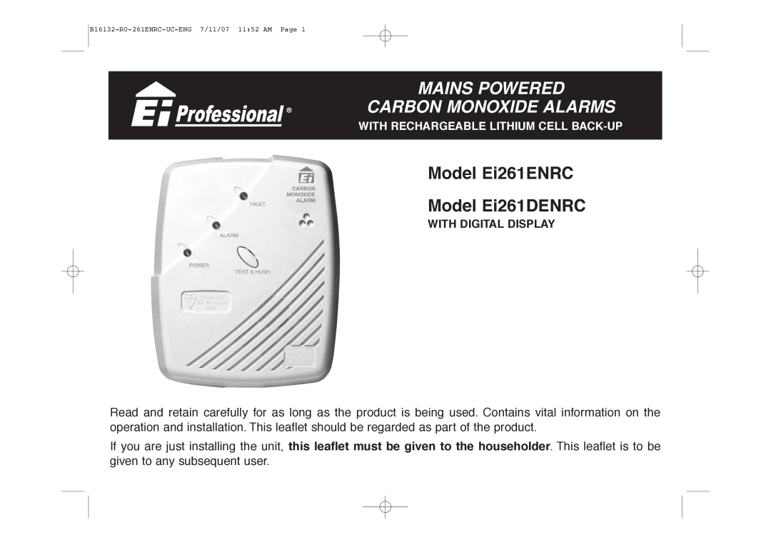 Aico manual Model Ei261ENRC Model Ei261DENRC, Mains Powered Carbon Monoxide Alarms 