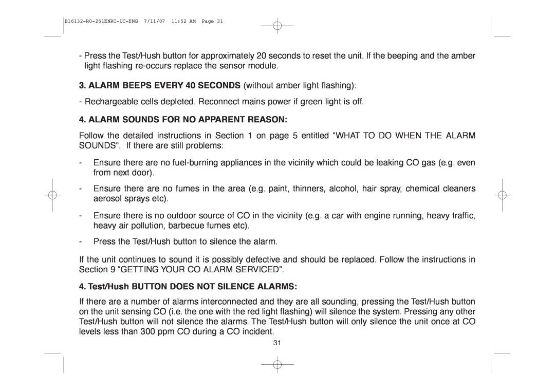 Aico Ei261ENRC, Ei261DENRC manual Alarm Sounds For No Apparent Reason, Test/Hush BUTTON DOES NOT SILENCE ALARMS 