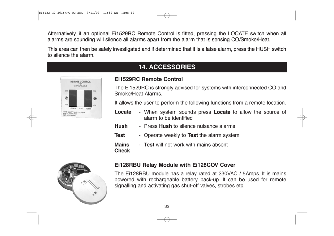 Aico Ei261DENRC, Ei261ENRC manual Accessories, Ei1529RC Remote Control, Ei128RBU Relay Module with Ei128COV Cover 