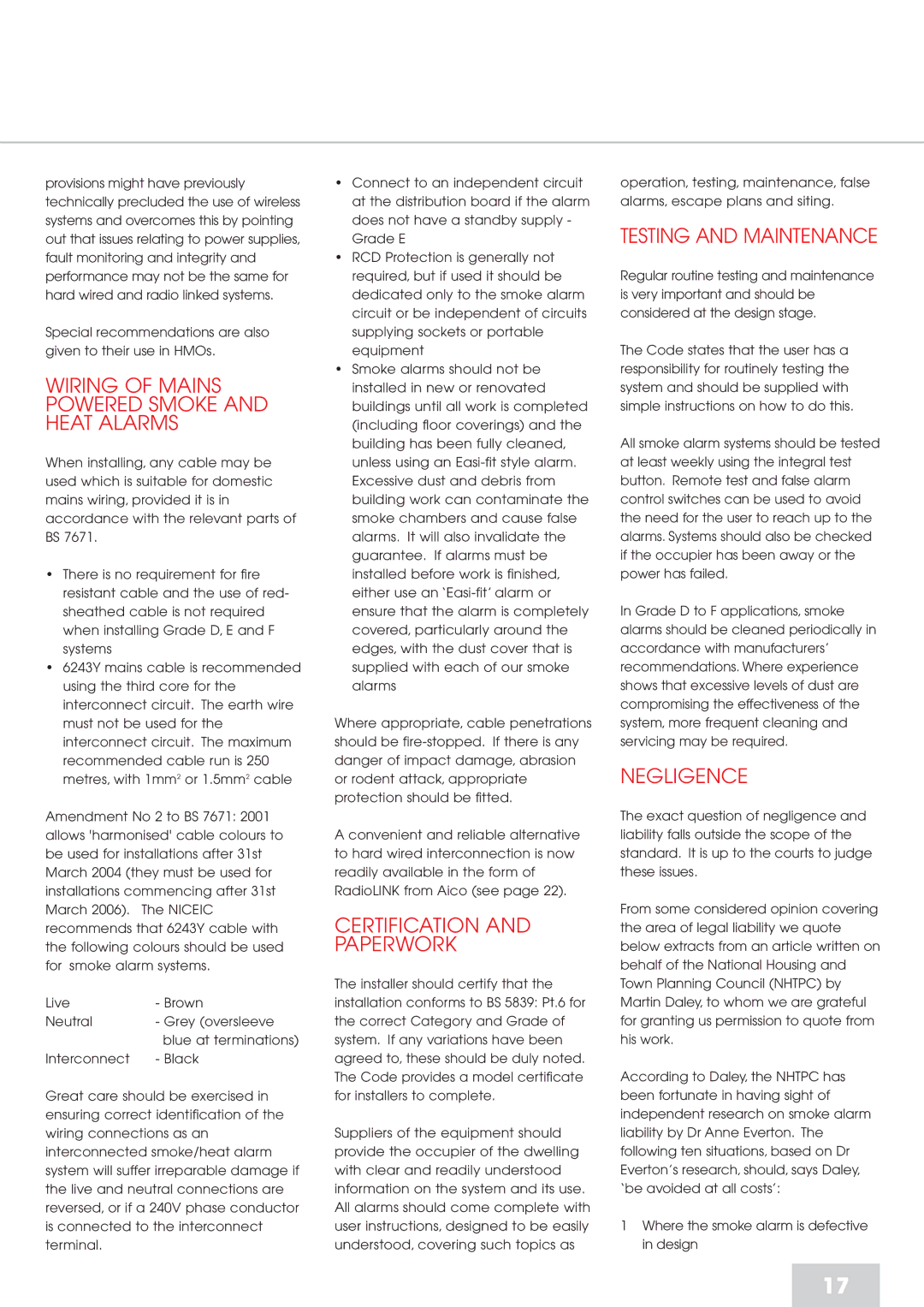 Aico RFD Wiring of Mains Powered Smoke and Heat Alarms, Certification and Paperwork, Testing and Maintenance, Negligence 