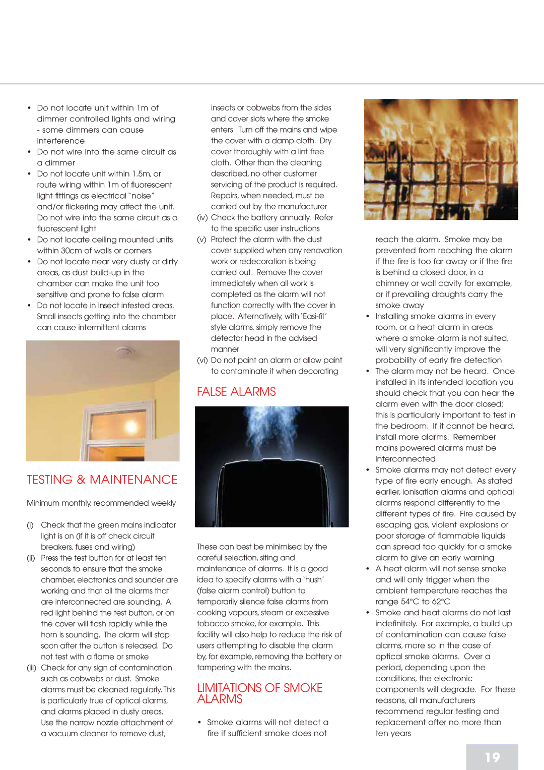 Aico RFD manual Testing & Maintenance, False Alarms, Limitations of Smoke Alarms 