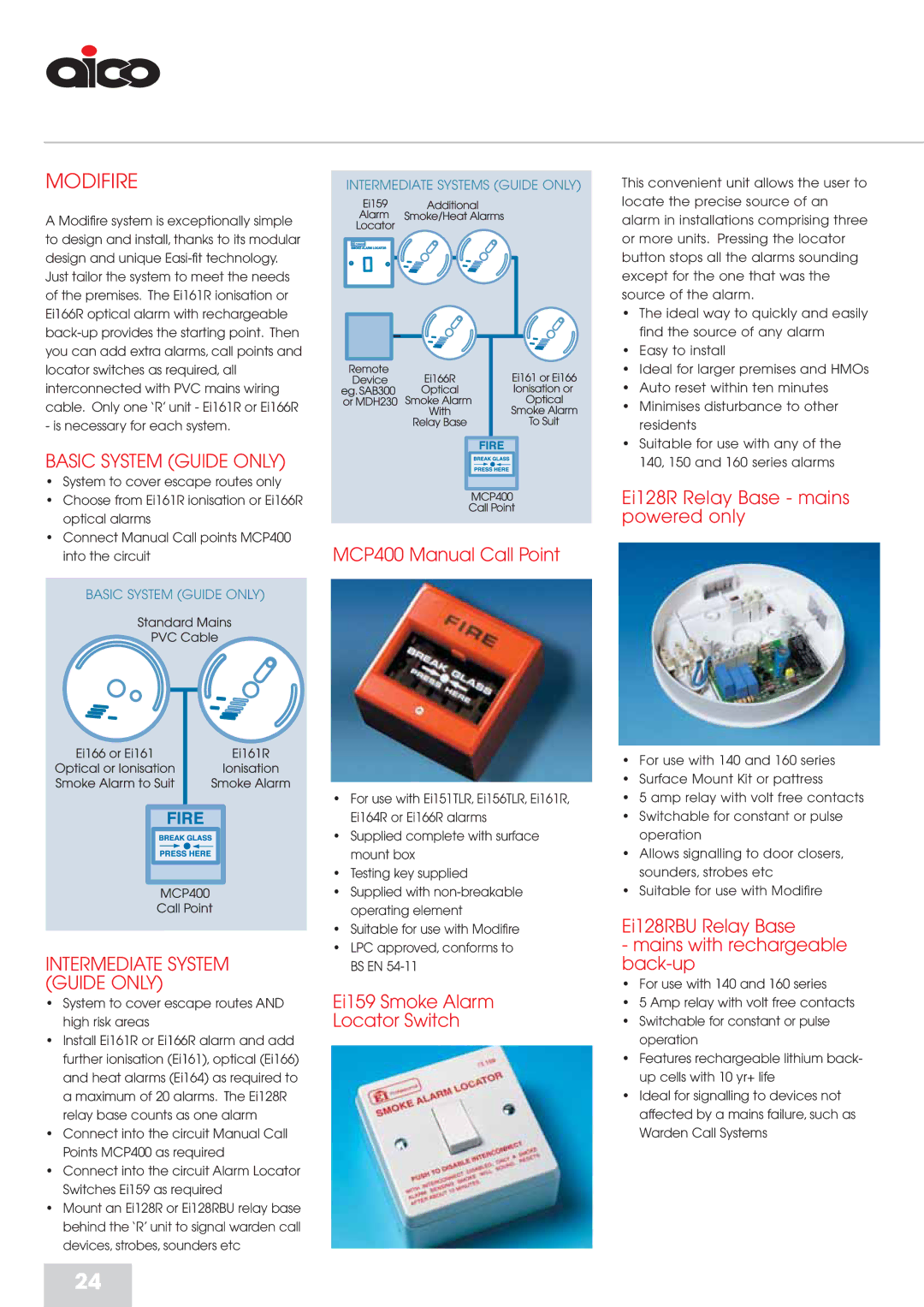 Aico RFD manual Modifire, MCP400 Manual Call Point, Ei159 Smoke Alarm Locator Switch, Ei128R Relay Base mains powered only 