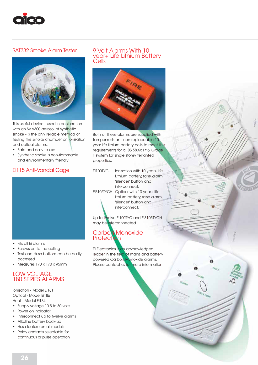 Aico RFD manual LOW Voltage Series Alarms, SAT332 Smoke Alarm Tester, Ei115 Anti-Vandal Cage 