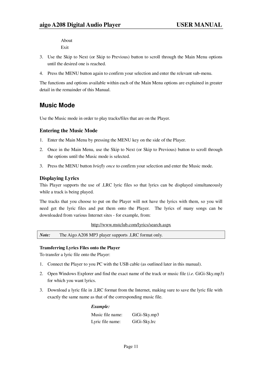 Aigo A208 user manual Entering the Music Mode, Displaying Lyrics, Transferring Lyrics Files onto the Player 