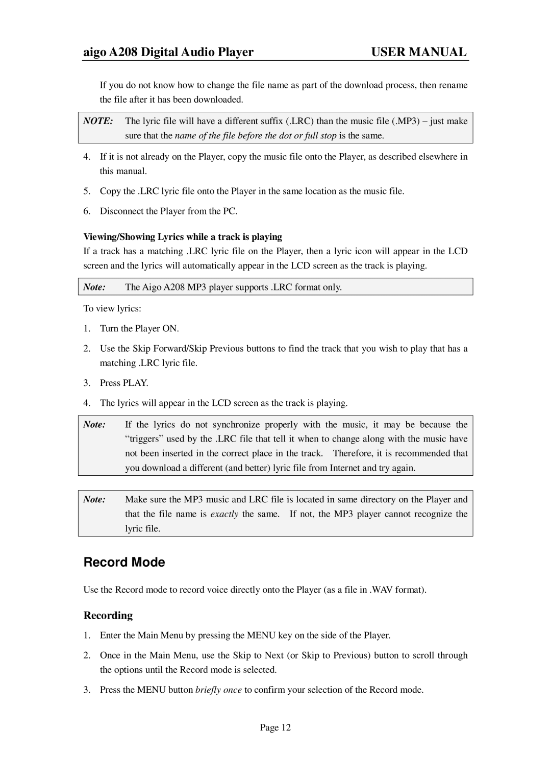 Aigo A208 user manual Record Mode, Recording, Viewing/Showing Lyrics while a track is playing 