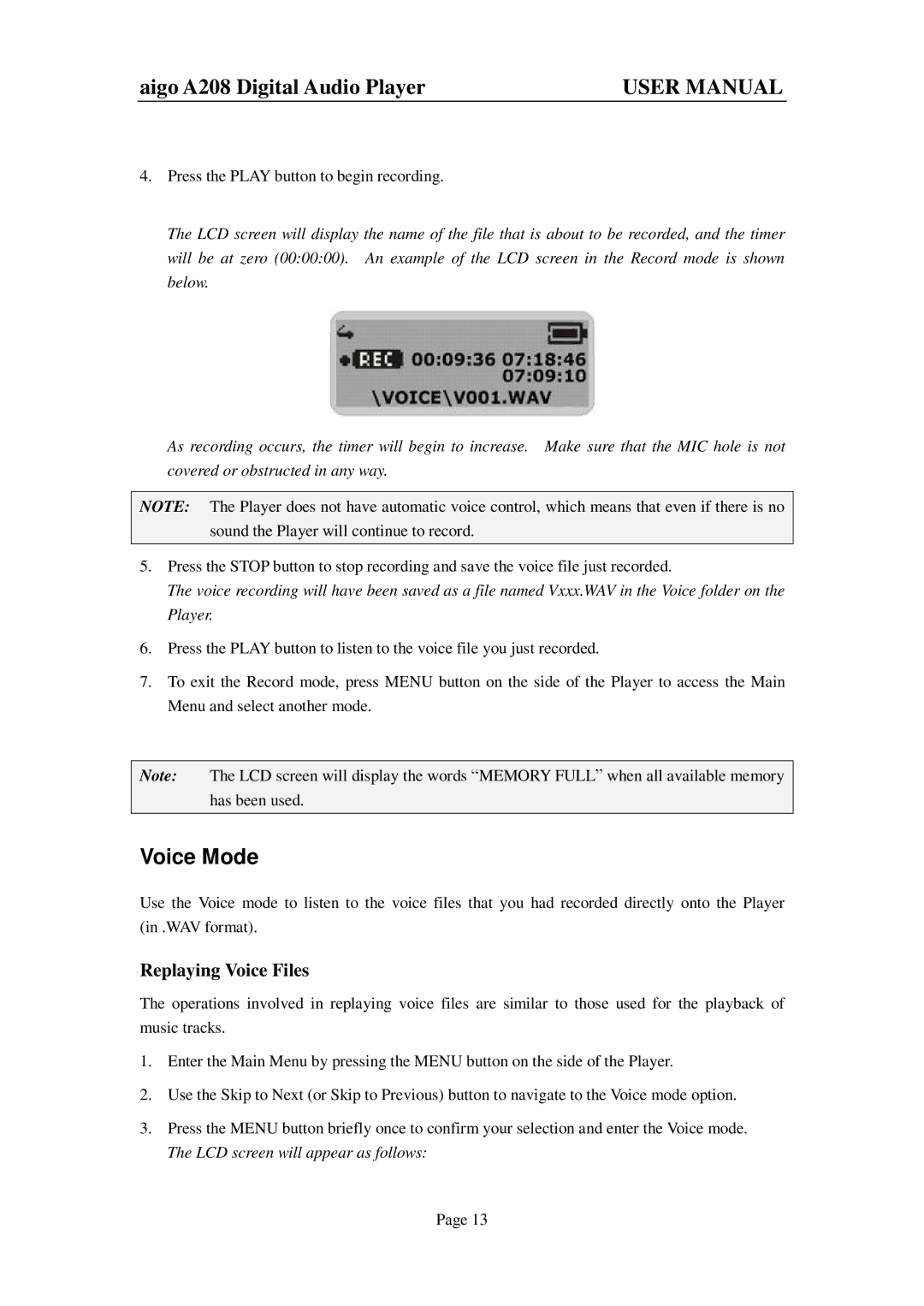 Aigo A208 user manual Voice Mode, Replaying Voice Files 