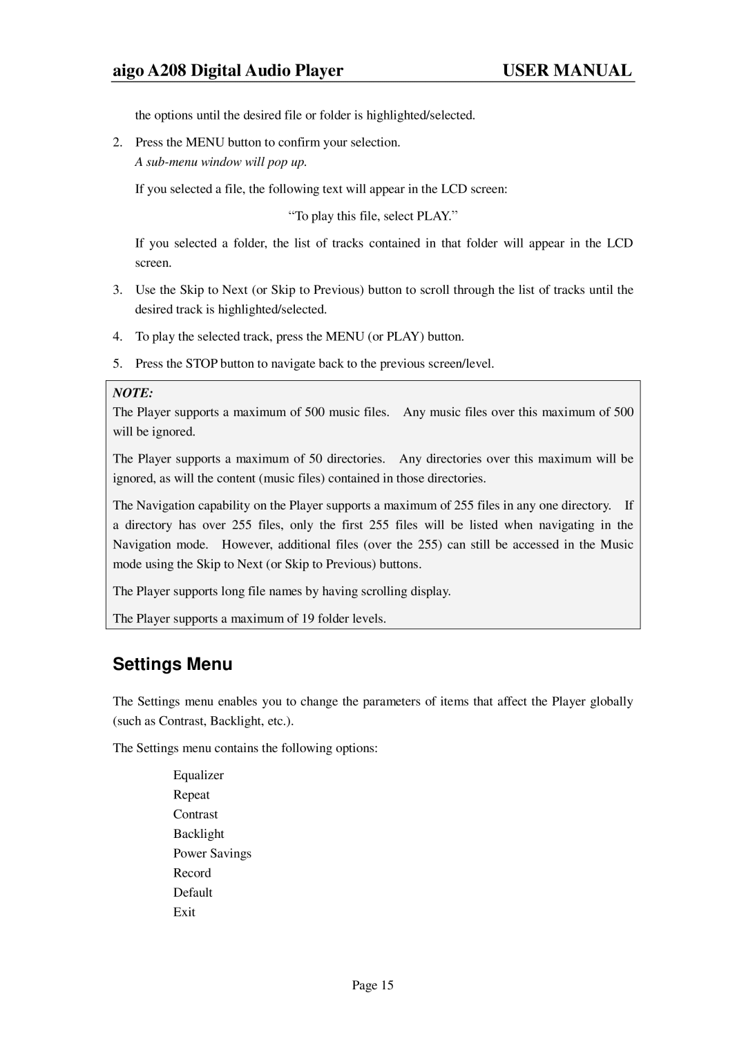 Aigo A208 user manual Settings Menu 