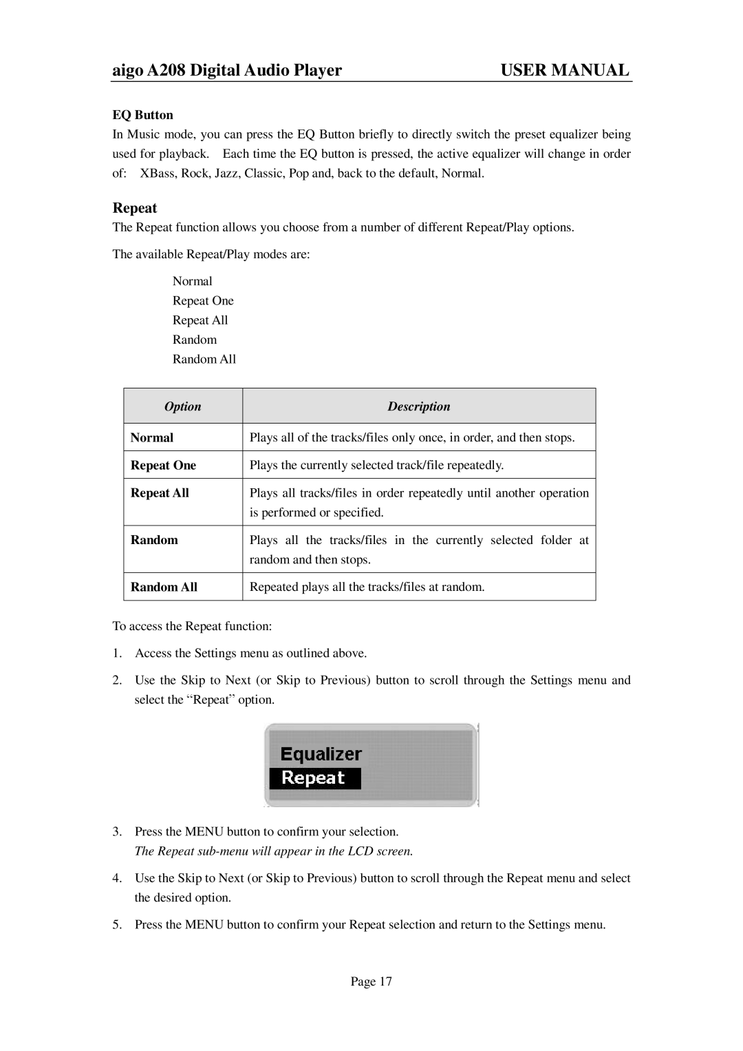 Aigo A208 user manual Repeat 