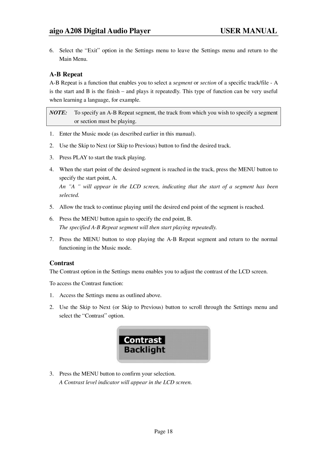 Aigo A208 user manual Contrast 