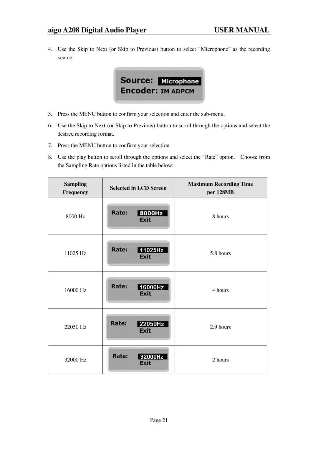 Aigo A208 user manual 8000 Hz 