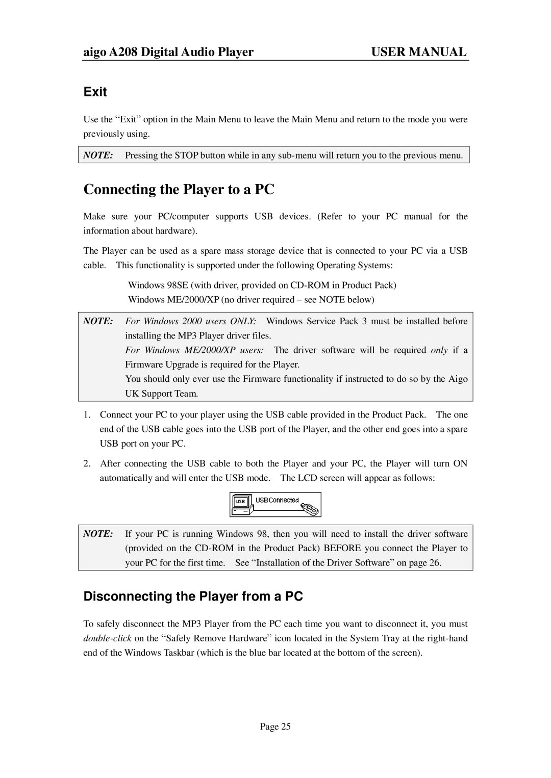 Aigo A208 user manual Connecting the Player to a PC, Exit, Disconnecting the Player from a PC 