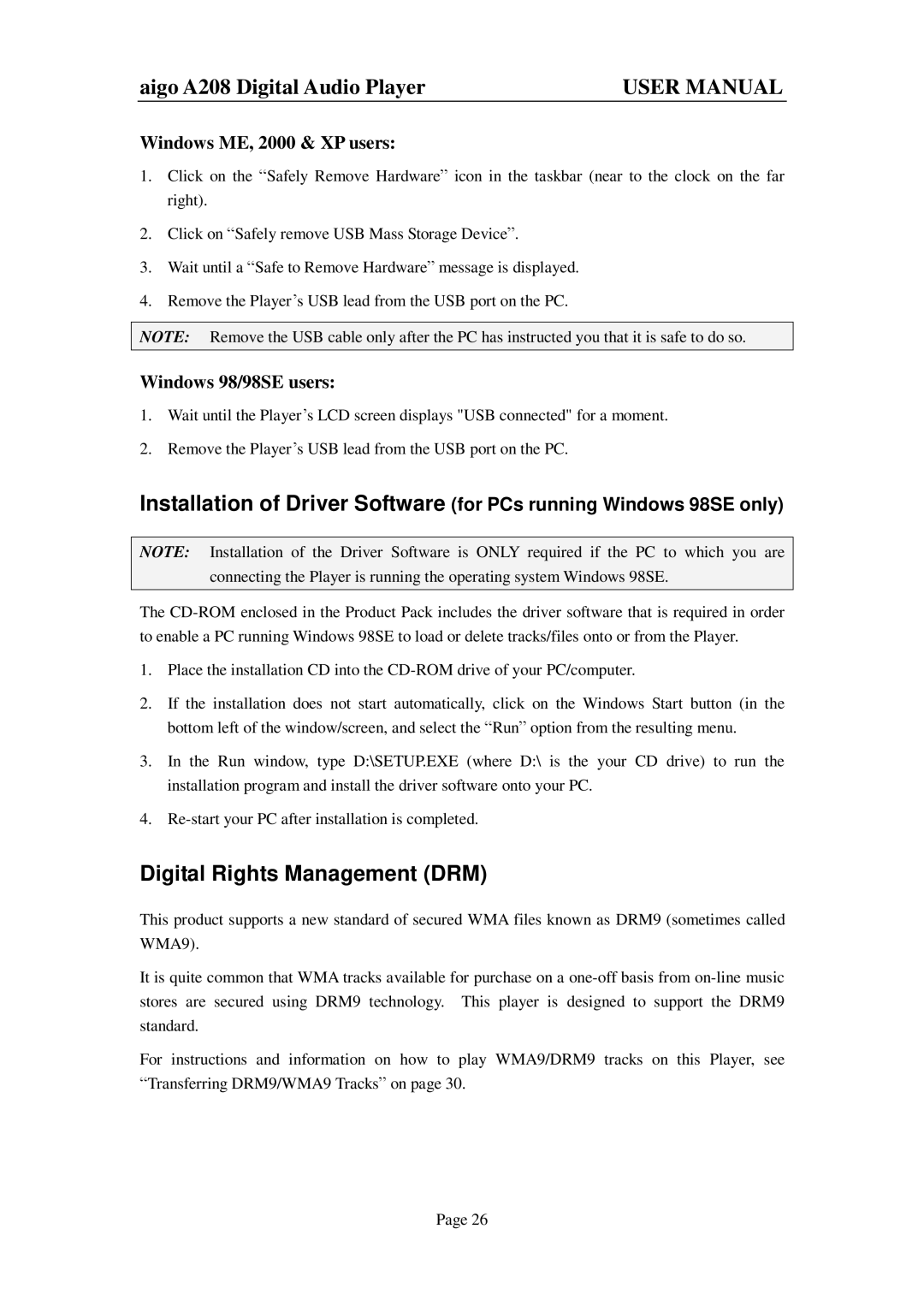 Aigo A208 user manual Digital Rights Management DRM, Windows ME, 2000 & XP users, Windows 98/98SE users 