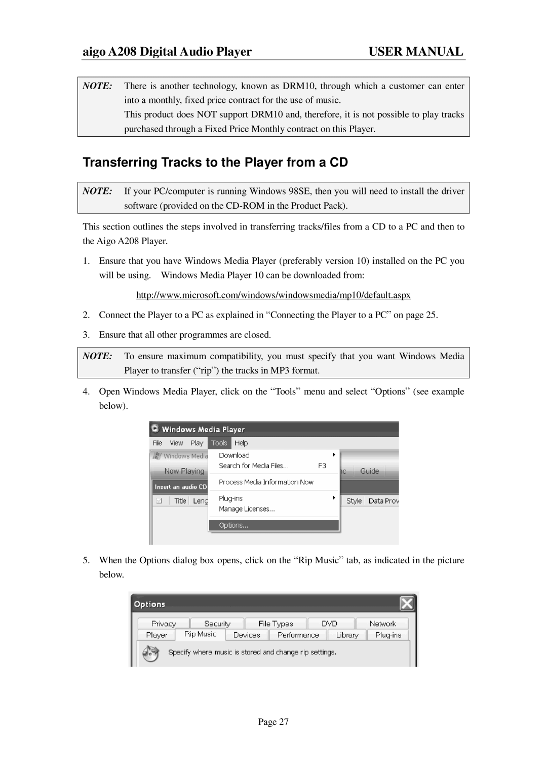 Aigo A208 user manual Transferring Tracks to the Player from a CD 