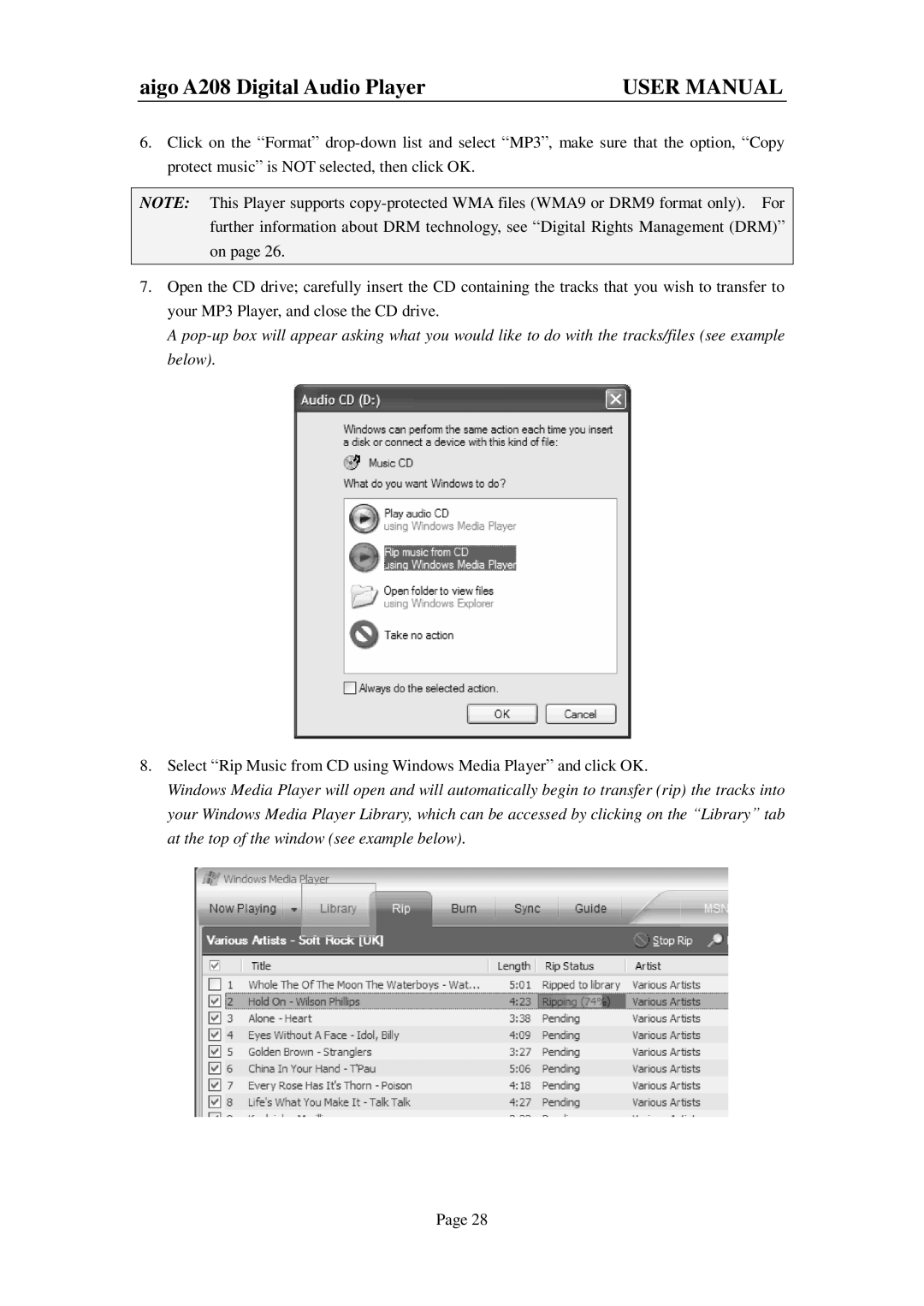 Aigo user manual Aigo A208 Digital Audio Player 