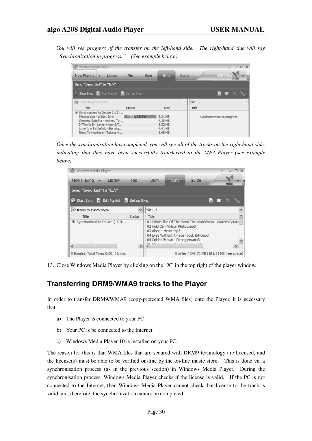 Aigo A208 user manual Transferring DRM9/WMA9 tracks to the Player 