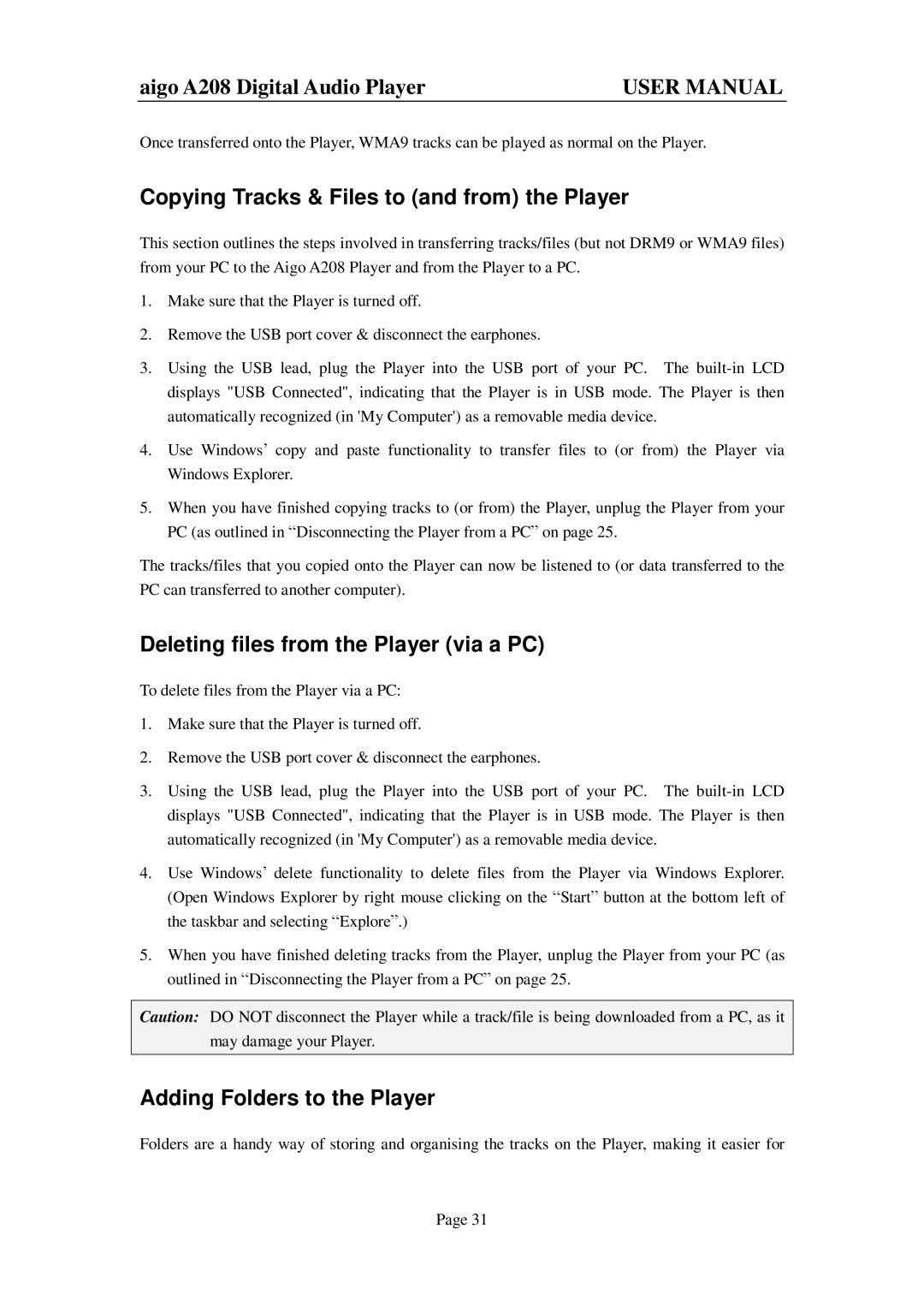 Aigo A208 user manual Copying Tracks & Files to and from the Player, Deleting files from the Player via a PC 