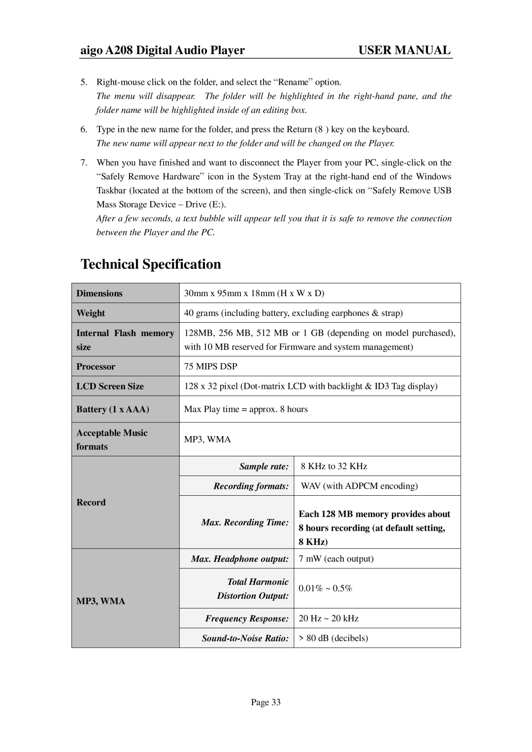 Aigo A208 user manual Technical Specification 