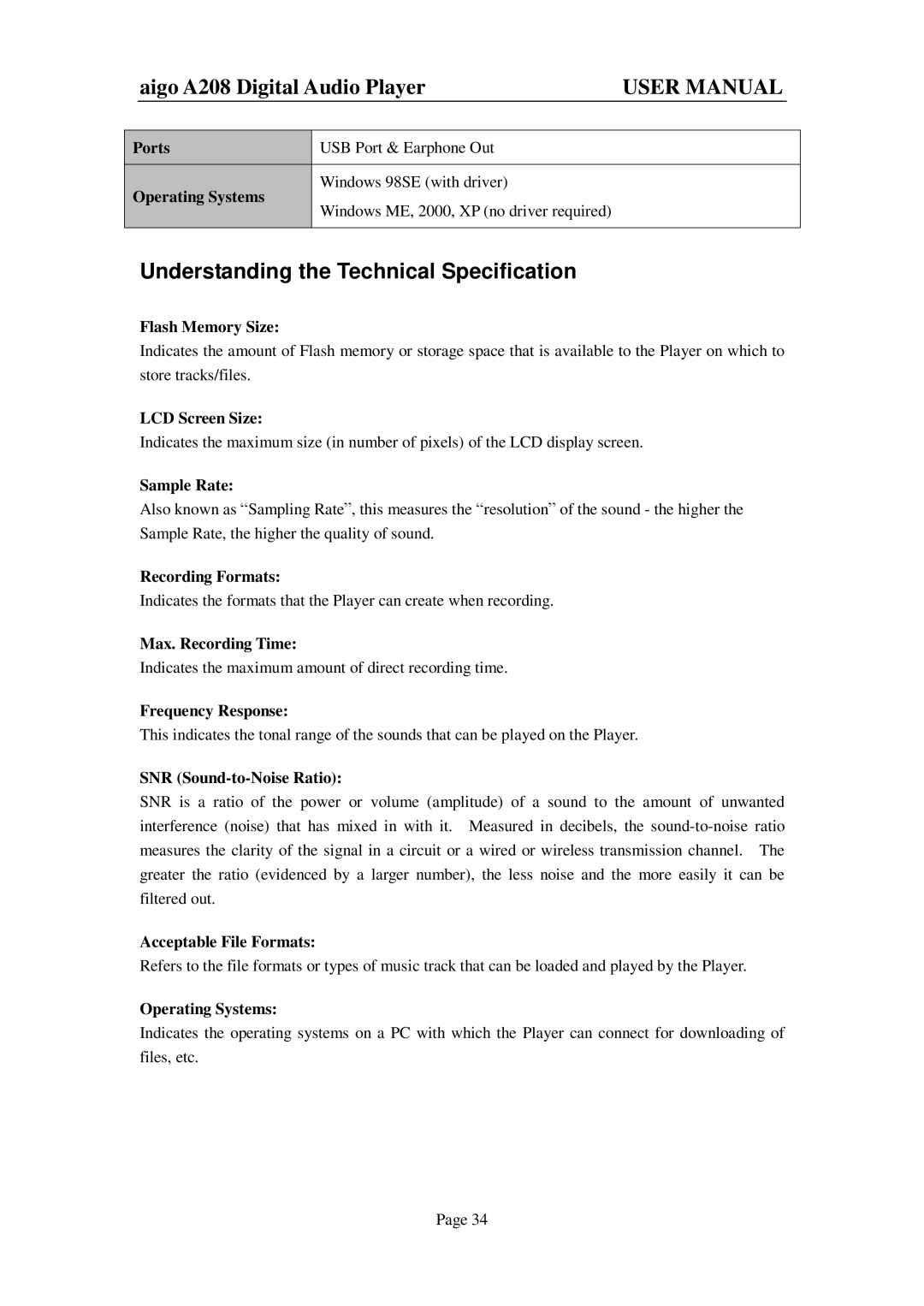 Aigo A208 user manual Understanding the Technical Specification 